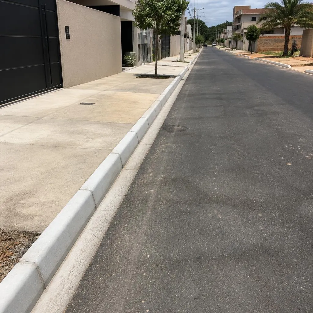 Meio fio de concreto instalado em rua de loteamento